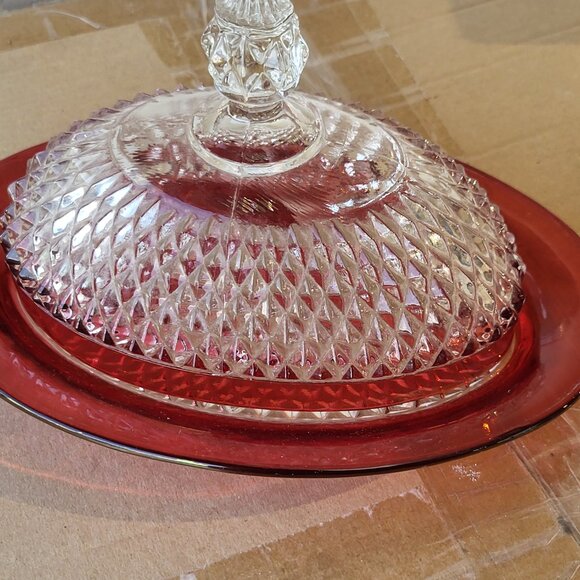 Vintage Indiana Glass Ruby Red Flash Diamond Point Oval Covered Butter Dish BINI - Picture 2 of 7